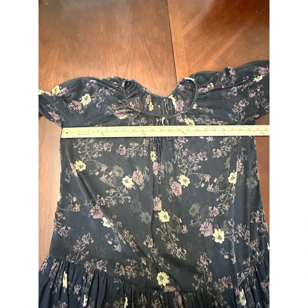 Free People Black Floral Sheer Bell Sleeve Ruffle Tiered Mini Dress Womens Small